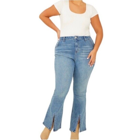 Arula High-Rise Jeans Sz 10 Blue Distressed Split Flare Leg Smart Casual Denim - Picture 1 of 15